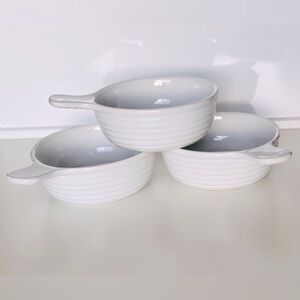 7” White Ceramic Soup Crock Bowl Set w Easy Grip Handle like CORNINGWARE!